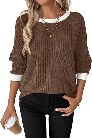 Long Sleeve Shirts for Women Lightweight Sweaters Fall Outfits 2025 Color Block Winter Clothing Dressy Casual Soft