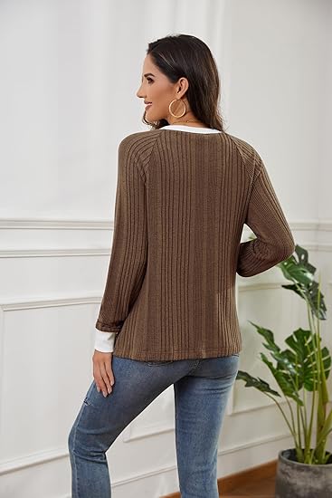 Long Sleeve Shirts for Women Lightweight Sweaters Fall Outfits 2025 Color Block Winter Clothing Dressy Casual Soft