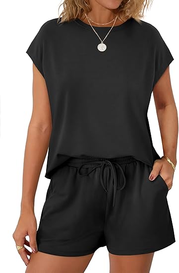 Womens Crew Neck Two Piece short Sets Cap Sleeve Drawstring Summer Sweatsuit with Pocket