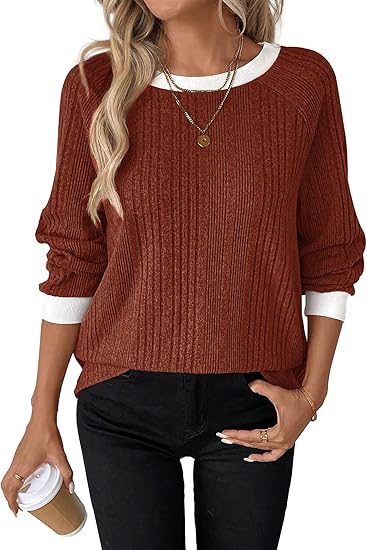 Long Sleeve Shirts for Women Lightweight Sweaters Fall Outfits 2025 Color Block Winter Clothing Dressy Casual Soft