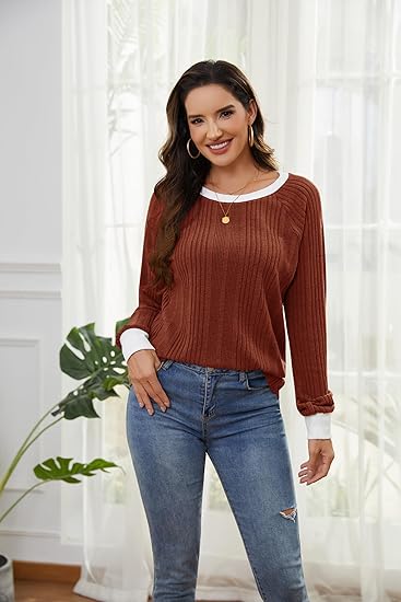 Long Sleeve Shirts for Women Lightweight Sweaters Fall Outfits 2025 Color Block Winter Clothing Dressy Casual Soft