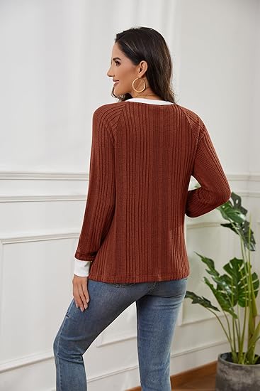 Long Sleeve Shirts for Women Lightweight Sweaters Fall Outfits 2025 Color Block Winter Clothing Dressy Casual Soft