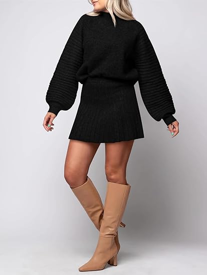Womens 2 Piece Skirt Sets Fall Fashion 2025 Mock Neck Ribbed Knit Sweaters And Mini Skirt Two Piece Outfits