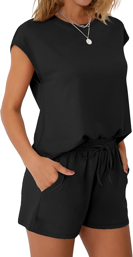 Womens Crew Neck Two Piece short Sets Cap Sleeve Drawstring Summer Sweatsuit with Pocket