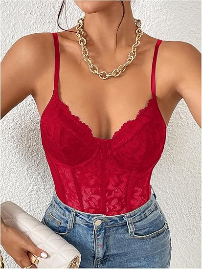 Women's Sexy Sheer Mesh Lace Bodysuit Spaghetti Strap Bustier Corset Tops Rave Party Club