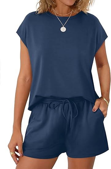 Womens Crew Neck Two Piece short Sets Cap Sleeve Drawstring Summer Sweatsuit with Pocket