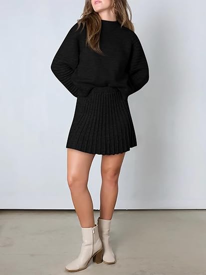 Womens 2 Piece Skirt Sets Fall Fashion 2025 Mock Neck Ribbed Knit Sweaters And Mini Skirt Two Piece Outfits