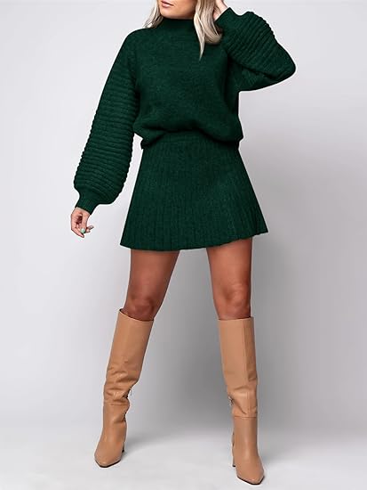 Womens 2 Piece Skirt Sets Fall Fashion 2025 Mock Neck Ribbed Knit Sweaters And Mini Skirt Two Piece Outfits