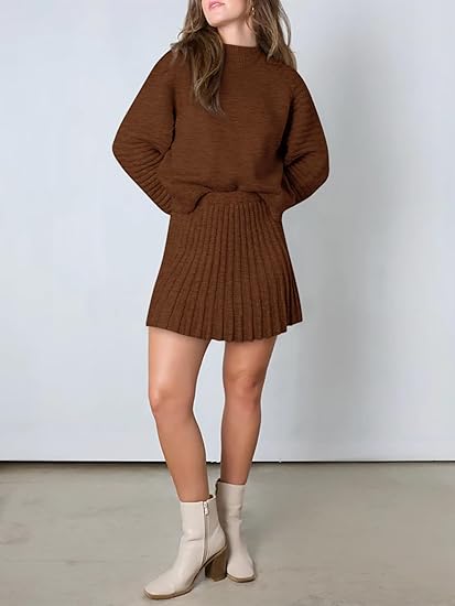 Womens 2 Piece Skirt Sets Fall Fashion 2025 Mock Neck Ribbed Knit Sweaters And Mini Skirt Two Piece Outfits