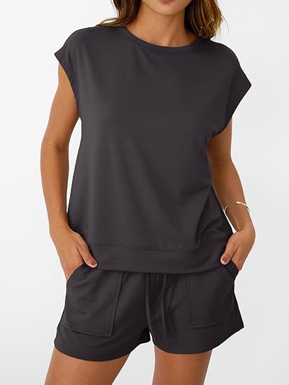 Womens Crew Neck Two Piece short Sets Cap Sleeve Drawstring Summer Sweatsuit with Pocket