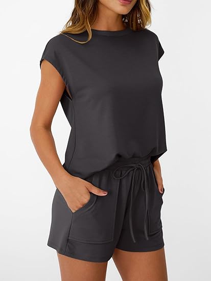 Womens Crew Neck Two Piece short Sets Cap Sleeve Drawstring Summer Sweatsuit with Pocket