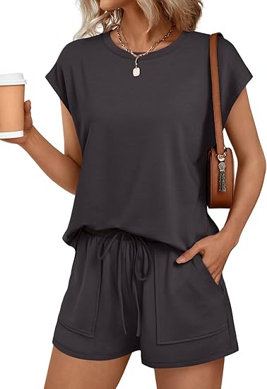 Womens Crew Neck Two Piece short Sets Cap Sleeve Drawstring Summer Sweatsuit with Pocket