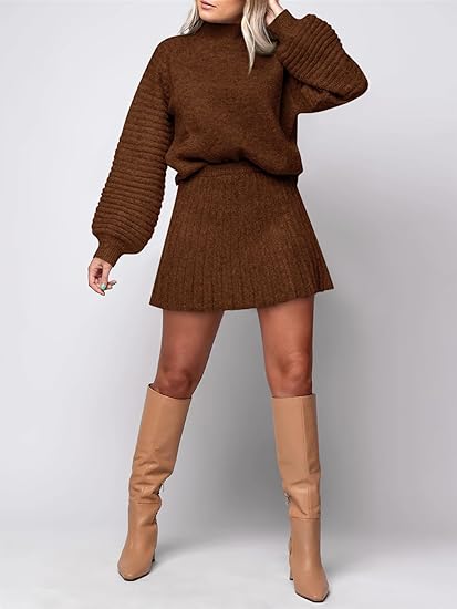 Womens 2 Piece Skirt Sets Fall Fashion 2025 Mock Neck Ribbed Knit Sweaters And Mini Skirt Two Piece Outfits