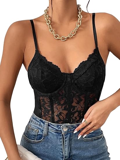 Women's Sexy Sheer Mesh Lace Bodysuit Spaghetti Strap Bustier Corset Tops Rave Party Club