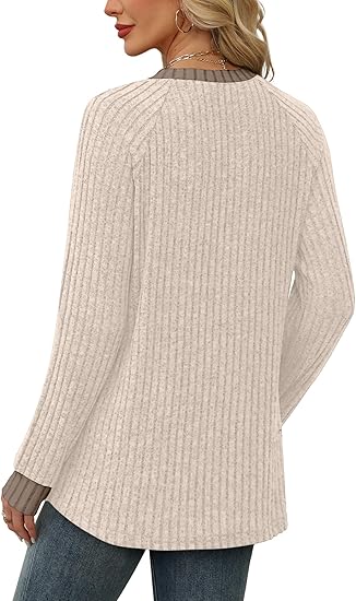 Long Sleeve Shirts for Women Lightweight Sweaters Fall Outfits 2025 Color Block Winter Clothing Dressy Casual Soft