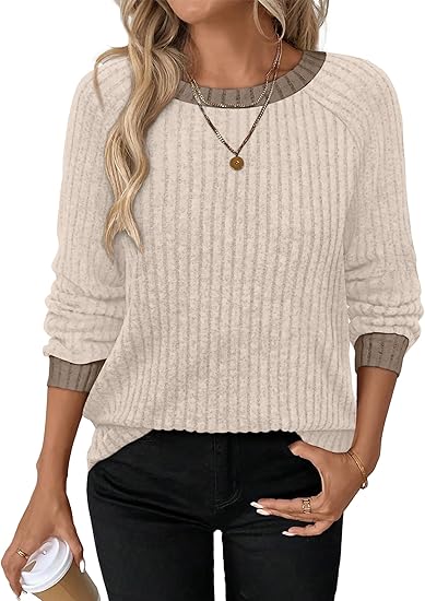 Long Sleeve Shirts for Women Lightweight Sweaters Fall Outfits 2025 Color Block Winter Clothing Dressy Casual Soft