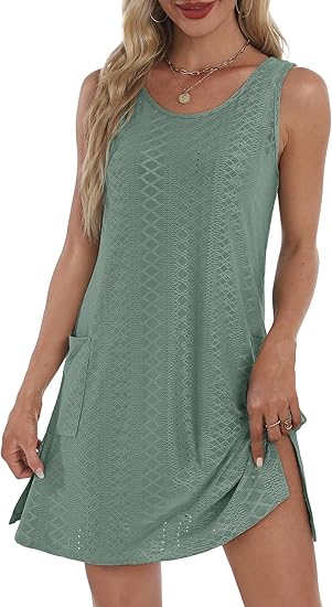 Coverup Summer Dresses for Women 2025 Eyelet Casual Loose Sleeveless Sundresses Tank Dresses with Pockets