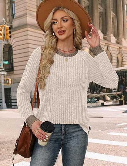 Long Sleeve Shirts for Women Lightweight Sweaters Fall Outfits 2025 Color Block Winter Clothing Dressy Casual Soft
