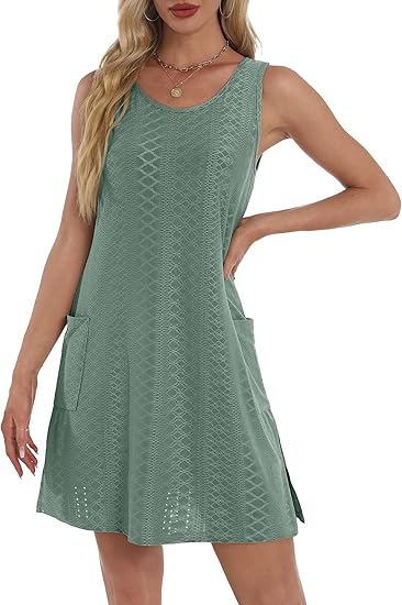 Coverup Summer Dresses for Women 2025 Eyelet Casual Loose Sleeveless Sundresses Tank Dresses with Pockets