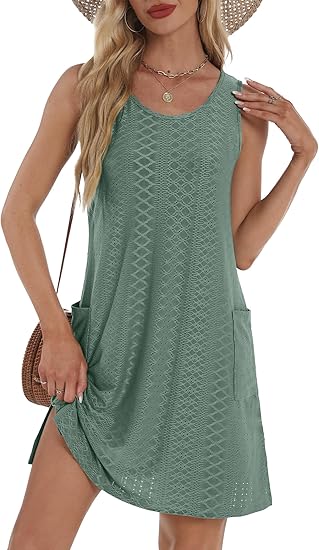 Coverup Summer Dresses for Women 2025 Eyelet Casual Loose Sleeveless Sundresses Tank Dresses with Pockets