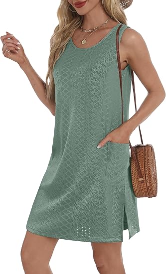 Coverup Summer Dresses for Women 2025 Eyelet Casual Loose Sleeveless Sundresses Tank Dresses with Pockets