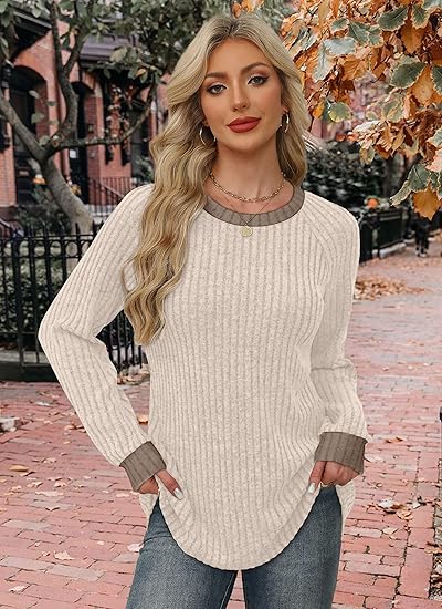 Long Sleeve Shirts for Women Lightweight Sweaters Fall Outfits 2025 Color Block Winter Clothing Dressy Casual Soft