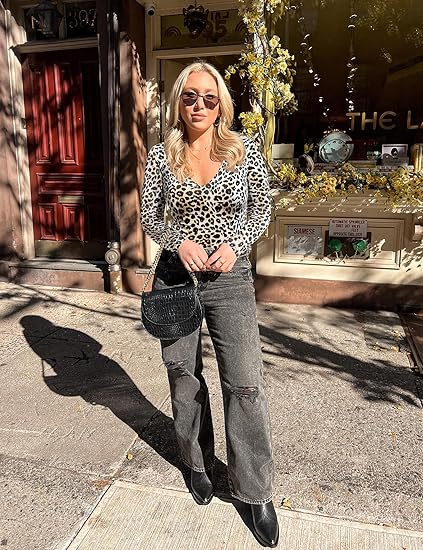 Women's Plunge Deep V Neck Long Sleeve Bodysuit Double Lined Thong Body Suit Shirt Tops