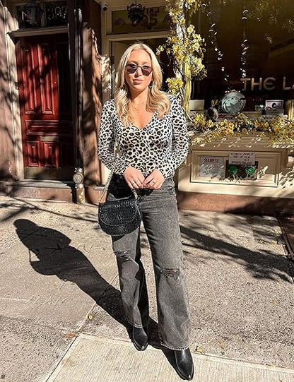 Women's Plunge Deep V Neck Long Sleeve Bodysuit Double Lined Thong Body Suit Shirt Tops